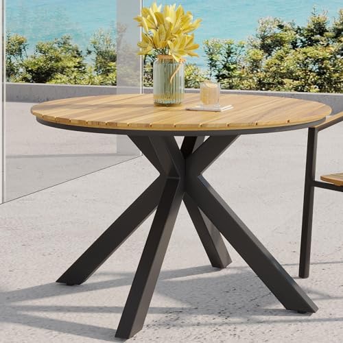 Merax 45" Round Outdoor Patio Dining Table Teak Acacia Wood Tabletop and Black Metal Leg, Modern Industrial Style Patio Dining Table