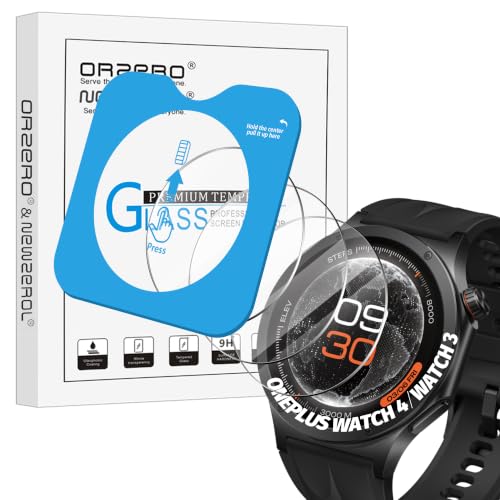 Orzero (3 Pack Tempered Glass Watch Screen Protector Compatible for OnePlus Watch 4/Watch 3, Protector De Pantalla with Auto Alignment Tool 9 Hardness HD Anti-Scratch Bubble Free