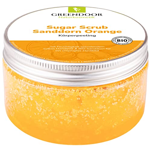 GREENDOOR Körperpeeling Sugar Scrub Sanddorn Orange, Zucker Peeling ohne Farbstoffe, Duschpeeling ohne Mikroplastik, Hautpeeling ohne Konservierungsmittel, für strahlende Haut, Body Scrub, 200 ml