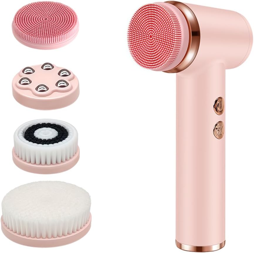 Facial Cleansing Brush, 5 Speeds Adjustable Facial Brush, Waterproof & Rechargeable Face Scrubber Exfoliator with 4 Brush Heads for Women, Pink