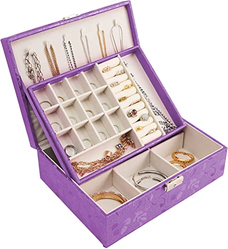 Hivory Jewelry Box For Women ~ Jewelry Organizer Box For Girls ~ Jewlery Box For Rings, Earrings, Bracelets, Studs & Necklace ~ Double Layer Stackable Jewelry Organizer Trays (Purple) #TOP5