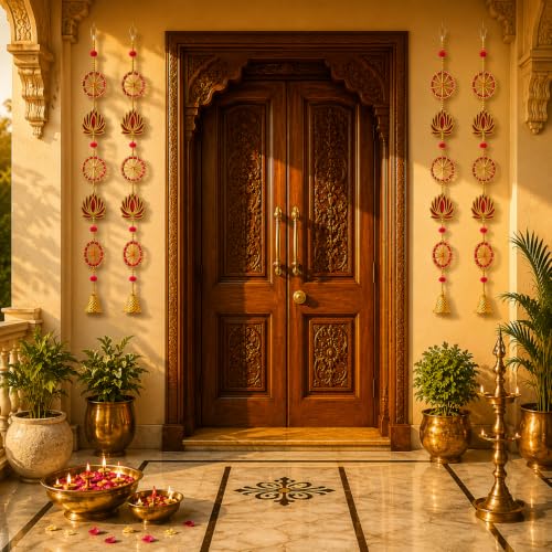Image of JH Gallery White Wooden Lotus for Ganpati Decoration Items for Home - Handmade Ganesh Chaturthi Backdrop Decoration, Mandir & Balcony Hanging (36 Inch, Pack of 2)
