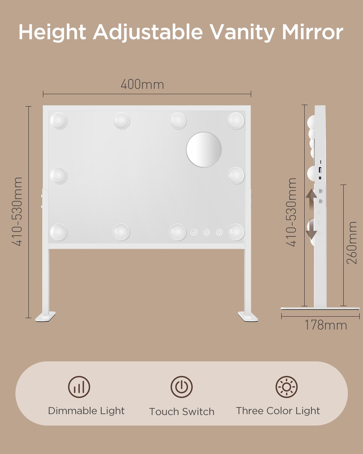 Specchio Trucco LED Hollywood 60x35 Cm - Luci Dimmerabili, Porta Cellulare, Ingranditore 10X - Foto 4