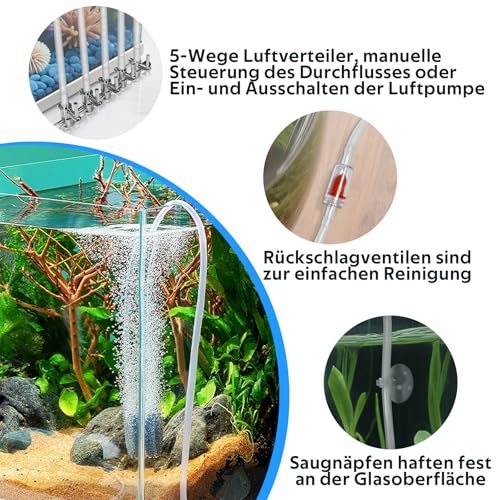 Annickee 66PCS Air Luftpumpe Zubehör, Aquarium Zubehör inkl. 5-Wege Luftverteiler, 10M Silikonschlauch, Luftstein, Rückschlagventilen, Regelbare Ventile, Saugnäpfen, I/T/L Form Anschlüssen