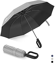 ANYCHO Folding Umbrella With Carabiner Handle, Windproof and Sunproof, Automatic Open Button, 10 Reinforced Ribles, Big Umbrella For Men and Women (Grey)