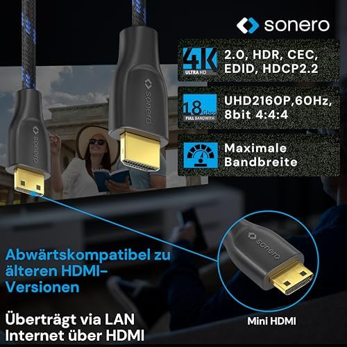 2. Bild von Sonero® 4K Mini HDMI auf HDMI-Kabel, Premium High Speed, 4K 60Hz, Mini HDMI Stecker auf HDMI Stecker, vergoldete Kontakte, zweifache Abschirmung, Baumwollmantel, 1,50m 1,50m