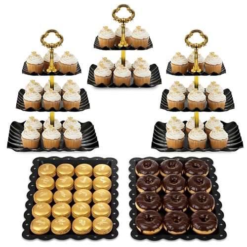NWK 5 Piece Cake Stand Set with 2 x 3-Tier Cupcake Stands 1 x2-Tier Cupcake Stands 2 x Appetizer Trays for Wedding Birthday Baby Shower Tea Party Decorations (5 Black Square)