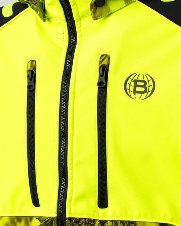 Giacca Tiger da Caccia Mimetica, Softshell Impermeabile con Cappuccio Removibile, Design a Due Tonalità,Verde Militare e Giallo Alta Visibilità