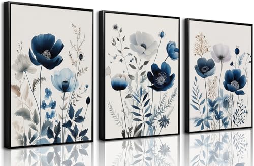 BingruiArt Navy Blue Wall Art Canvas Abstract Floral Painting Blue