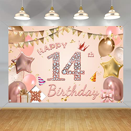 Happy 14th Birthday Decorations Backdrop Banner for Girls Happy 14 Years Old Party Fabric Sign Poster Girl Birthday Rose Pink Photo Background 14th Birthday Party Supplies, 59"x35.4" by Tecreo - Used condition - US$6.94