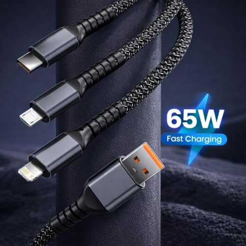 Image of 3-in-1 65W Multi Fast Charging Cable - 5A Nylon Braided 4FT Cable with Type-C & Micro USB for iPhone, iPad, Samsung,OnePlus,Xiaomi, Oppo,Vivo,Android & Car Charging (Black)