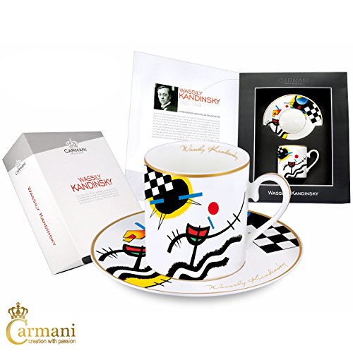 CARMANI - Tasse et soucoupe de thé, Fine Bone China, avec Wassily Kandinsky "Des sons contrastés" 250ml