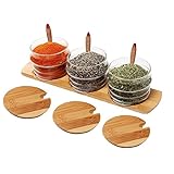 iRSE Glass Condiment Jars with bamboo tray and wood spoon for condiment pots, spice jars, sugar bowls, tea storage, nuts jar, holding dressings, dipping, salad bar serving, Set of 3