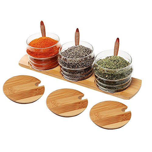 iRSE Glass Condiment Jars with Bamboo Tray and Wood Spoon for Condiment pots, Spice Jars, Sugar Bowls, Tea Storage, Nuts jar, Holding dressings, Dipping, Salad bar Serving, Set of 3