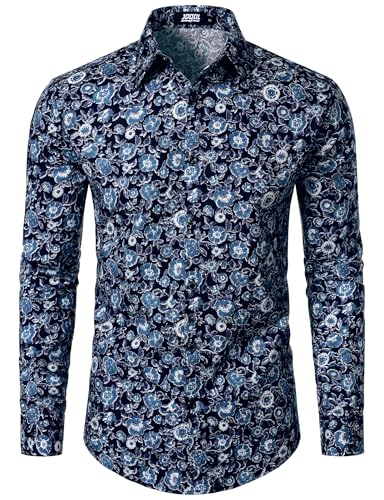 JOGAL Mens Regular fit Floral Dress Shirt Long Sleeve Printed Casual Button Down Shirts Navy Blue 3X-Large