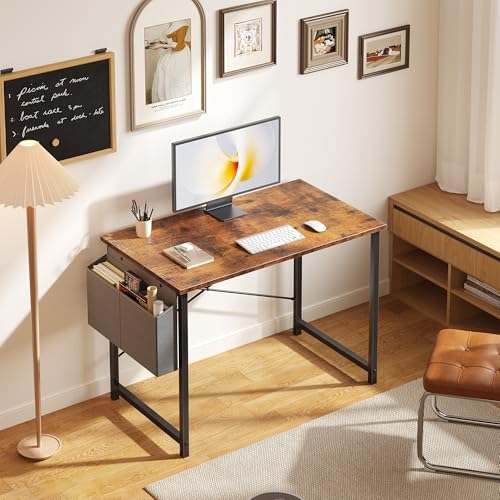 Image of OLIXIS Small Computer Desk, 40 Inch Gaming Desks for Home Office | Writing Study Craft Work Table, Computer Workstation for Bedroom Small Spaces with Storage Bag, Rustic Brown