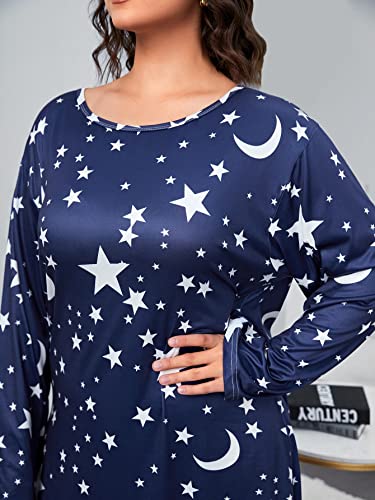 Wdirara Women's Plus Size Long Sleeve Star Print Loose Nightgown Sleepshirt Loungewear Blue 5Xl #TOP3
