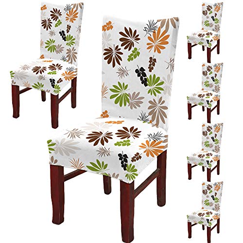 BRIDA Polyester Blend Floral Printed Stretchable Elastic Chair Seat Case Protector (White Orange Green , Standard) - Set of 6