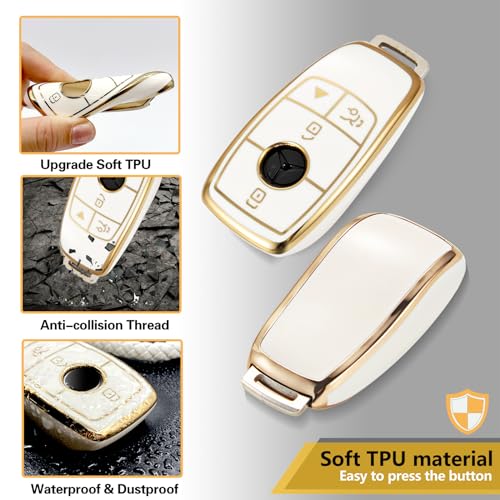 Image of for Mercedes Key Fob Cover with Metal Braided Rope Keychain, Upgraded Soft Case for Benz GLC GLE GLA GLB GLS AMG A C E G S Class (4 Buttons) Shell (Gold Edge, B2)