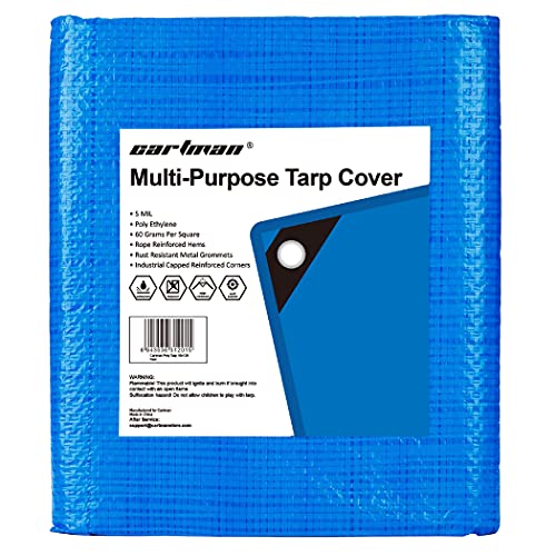 Cartman Blue Poly Tarp 14 x 20 Feet, Multipurpose Protective Cover, Lightweight, Durable, Weather Proof, 5 Mil Thick, Finished Size 14'x20'