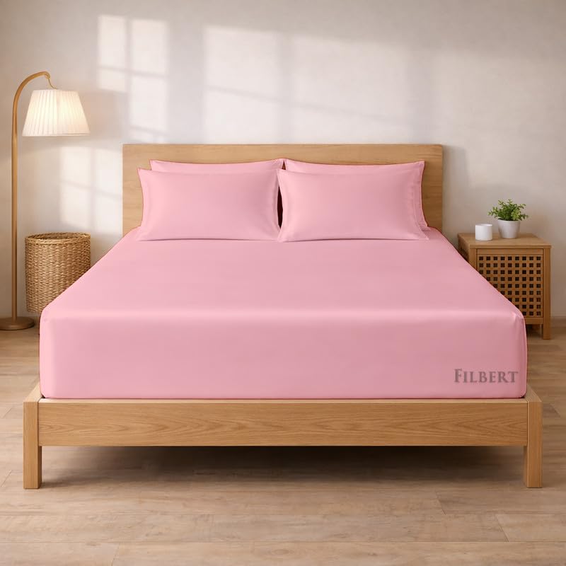Image of Filbert - Premium Satin Fitted Bedsheet Single Bed (36x75 Inch) with 1 Pillow Cover | Hypoallergenic Breathable | Hair and Skin Friendly, Women Gift Choice|Baby Pink