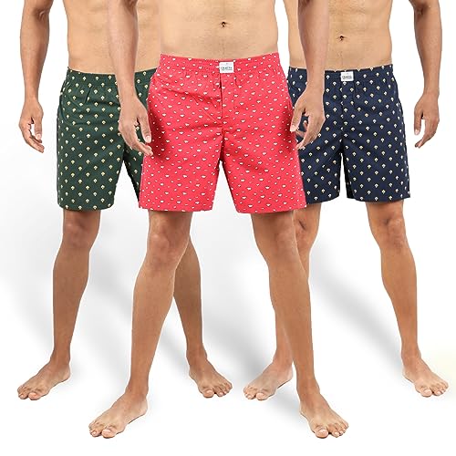 Image of ALPHABETS Men's Cotton Regular Striped Boxer Briefs (Pack of 3) Blue, Dark Green, Red