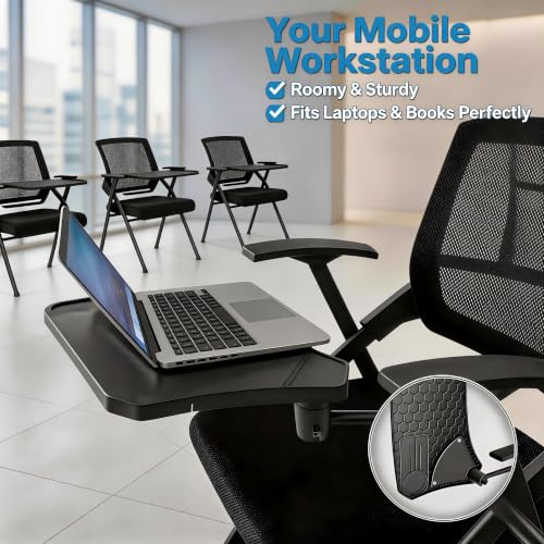 Image of 8 Pcs Folding Training Chairs with Desk Attached, Office Meeting Chair with Writing Tablet & Cup Holder, Space-Saving Nesting Stackable Chairs with wheel for Conference Room,Seminar, Classroom
