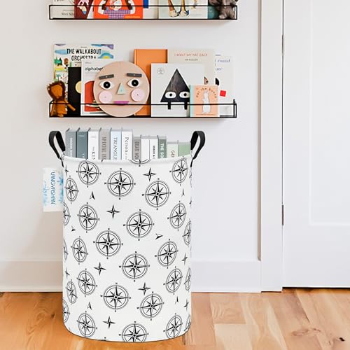 Image of Laundry Basket Canvas Fabric Collapsible Organizer Basket for Storage Bin Toy Bins Gift Baskets Bedroom Clothes Children Nursery Hamper (Black Compass)