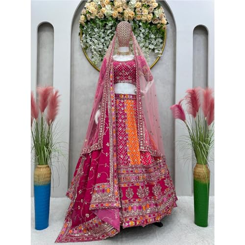 Image of Women's Satin Blend SF108549 Diwali Outfit Bridal Orange Indian Casual Wear Semi-stiched Lehngacholi