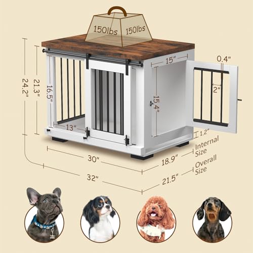 Image of Zakkart Dog Crate Furniture Barn Door for Medium Dogs Up to 40 lbs. - Puppy Kennel w /Thickened Farmhouse Top & Steel Bars - 30'' Wide - White Decorative Modern Dog Crate Table, End Table, Nightstand