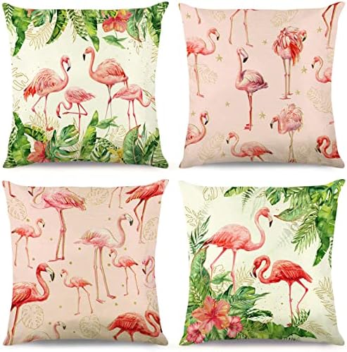 Onecmore Summer Flamingo Pillow Covers 18x18 Set of 4 Green Tropical Leaves Palm Leaf Pink Floral Animal Throw Pillowcase for Sofa Bed Couch Cushion Covers Decor Cushion Case Party Supply Decorations