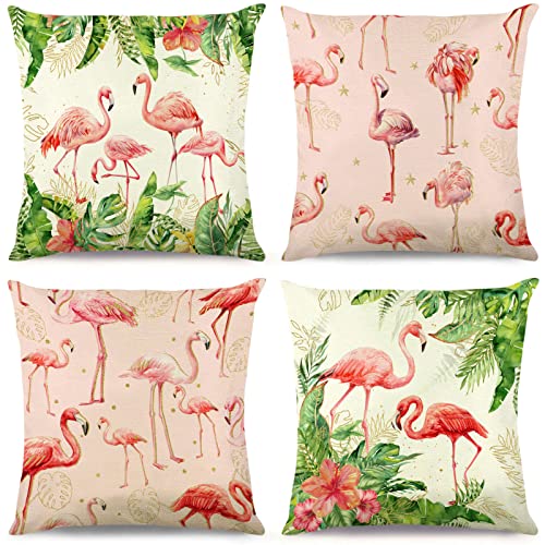 Onecmore Summer Flamingo Pillow Covers 18X18 Set Of 4 Green Tropical Leaves Palm Leaf Pink Floral Animal Throw Pillowcase For Sofa Bed Couch Cushion Covers Decor Cushion Case Party Supply Decorations #TOP3
