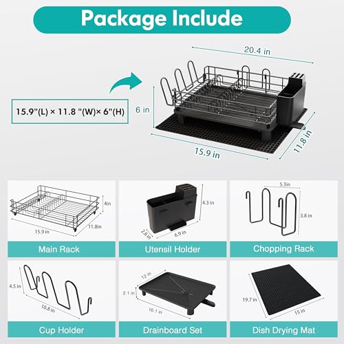 MAJALiS Kitchen Dish Drying Rack, Large Dish Drainers for Kitchen Counter, Rust-Proof Dish Strainer Rack with Utensil Holder and Dryer Mat (Black - One Tier) - Thumbnail 5
