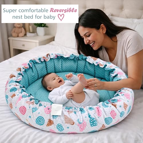 Image of Infantbond Baby Mattress with net | Baby Carry Bag | 4 Pcs Bedding Set | Baby Nest (0-6 Months) (Pista Green Sprial) (Full Set Nest)