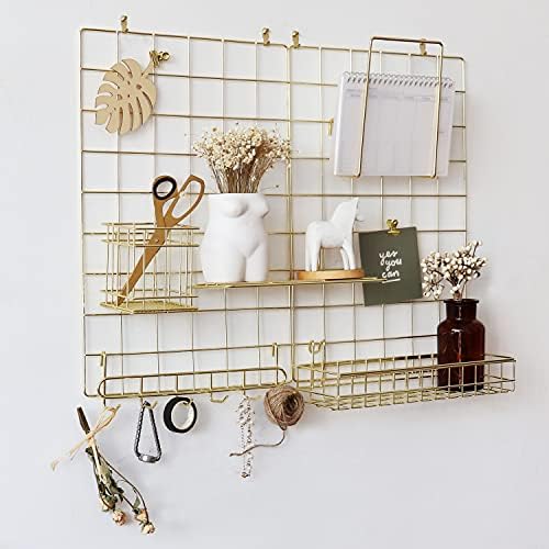 JOVONE Wall Grid Panel For Photo Display,Decorative Desk Storage Organizer For Office,Study,Memo board, Size 17.6" x 11.9", Pack Of 2 (Gold)