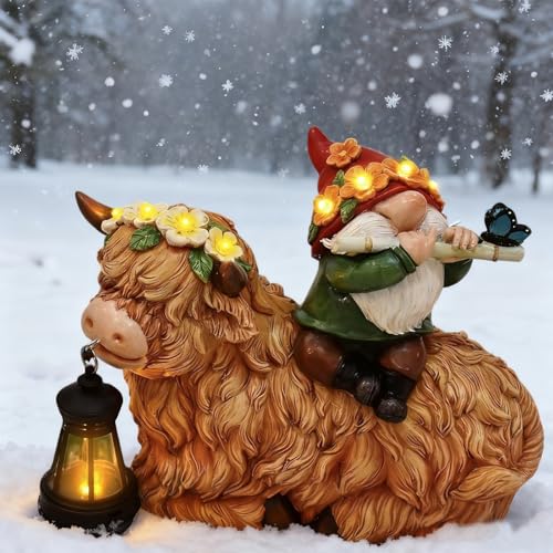 WINTS Highland Cow Gnome Garden Outdoor Statues, Cute Solar Lights,