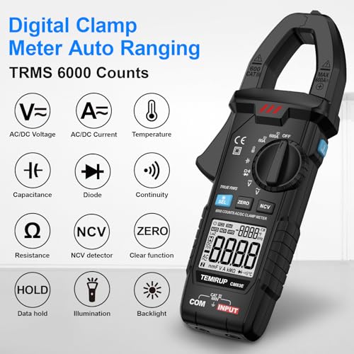 Image of Digital Clamp Meter Multimeter TRMS 6000 Counts 600A Auto-ranging Amp Meter with Flashlight Backlight, Measures NCV, AC /DC Voltage Current, Continuity Capacitance Diode Resistance, Temperature