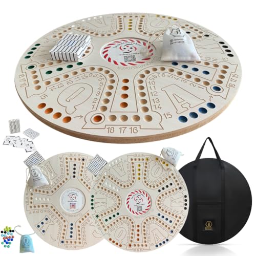 Jakaro Wooden Board Game Set Double-Sided 51x51cm Board with Glass Marbles 4-6 Players Storage Bag Cards for Adults