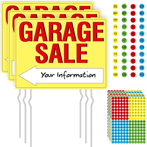 Garage Sale Sign 3PCS Double Sided Yard Sale Signs with 6 Metal Stakes & 960 Sale Price Labels Large Font Bright Yellow Color All-Weather Plastic Sign with Arrow for Garage Sale Outdoor Estate