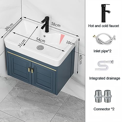 Lavabo de cerámica de pared con grifo de desbordamiento y mueble compacto 4