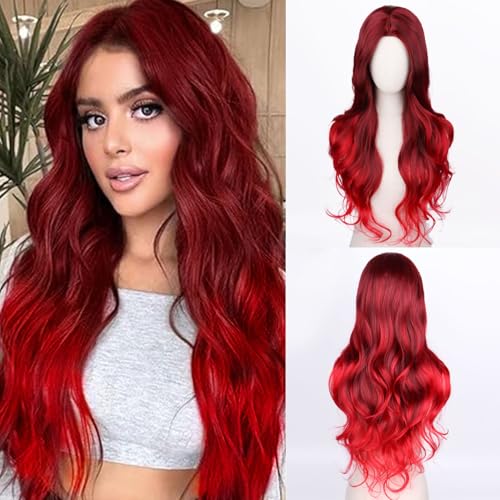 Fulang Hair Peruca comprida ondulada vermelha ombre para mulher, cabelo comprido encaracolado resistente ao calor, fibra sintética ombre, cabelo natural para o dia a dia