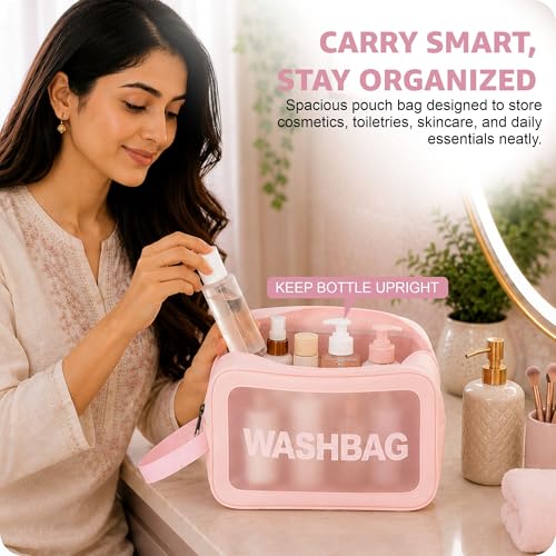 Image of FLYNGO Pvc Clear Makeup Pouch Set, Cosmetic Organizer Bag for Women and Girls Travel Waterproof Toiletry Storage Kit (Set of 3 Light Pink)