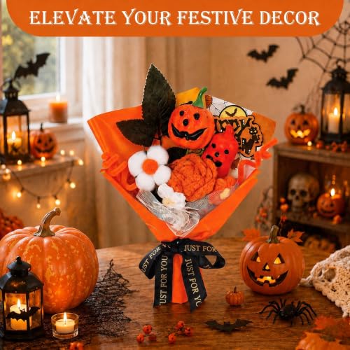 Image of Halloween Crochet Flower Bouquet with Pumpkin & Ghost, Handmade Orange Gift