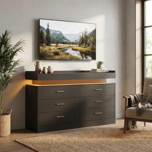 GAOMON TV Stand Cabinet with LED Lights & Charging Station,