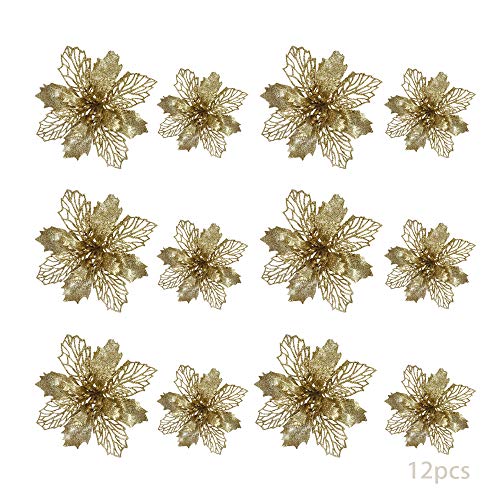 TDCQ 12pcs Flores Navidad Artificiales,Flores de Pascua Navidad,Flor de Simulación Navideña,Flores Navidad Artificiales,Flores Navidad (Dorado)