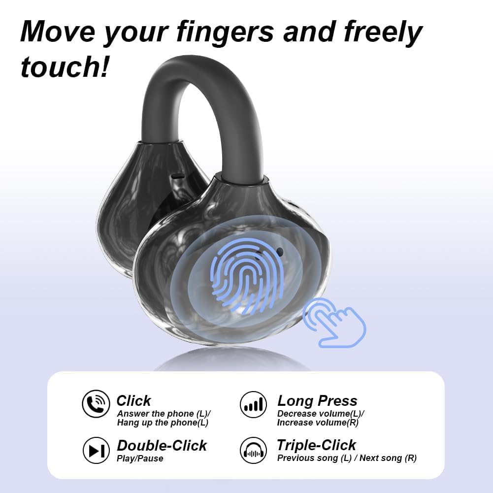 Cuffie a Clip Open-Ear Bluetooth Wireless, Bluetooth 6.0, Auricolari Sport con Clip Aperta, 60h Autonomia, Ricarica Rapida USB-C, Leggeri e Comodi da Indossare, Sport, Ufficio & Fitness, Nero