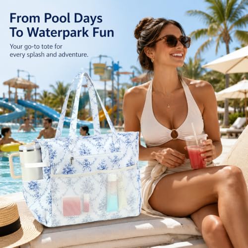 Image of LEDAOU Beach Bag Waterproof Sandproof Women Beach Tote Pool Bag with Zipper for Swim Gym Grocery Travel with Wet Pocket | Sandproof