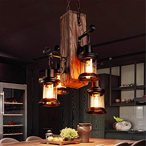 Lustre bois massif à 4 suspensions E27 luminaire haut de gamme pour salon et restaurant