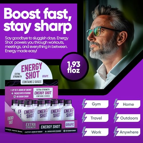 Image of Grape Extra Strength Energy Shot 8 pk - 260mg Natural Caffeine B12 B6 - Energy & Focus Support - 2 Servings Sugar Free Zero Calorie Green Tea B-Vitamins Electrolytes Vegan - 1.93 fl oz