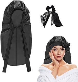 قبعة نوم للنساء قابلة للتعديل من ان جيه اتش ناعمة ومريحة الساتان مع ربطة شعر لضفائر الشعر الطويل والشعر المجعد أسود 60*30 سم